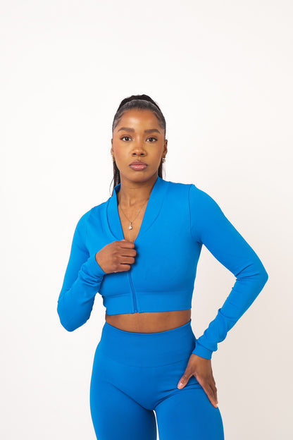 Royal Blue Ribbed Cropped Zip Up Jacket- Ada