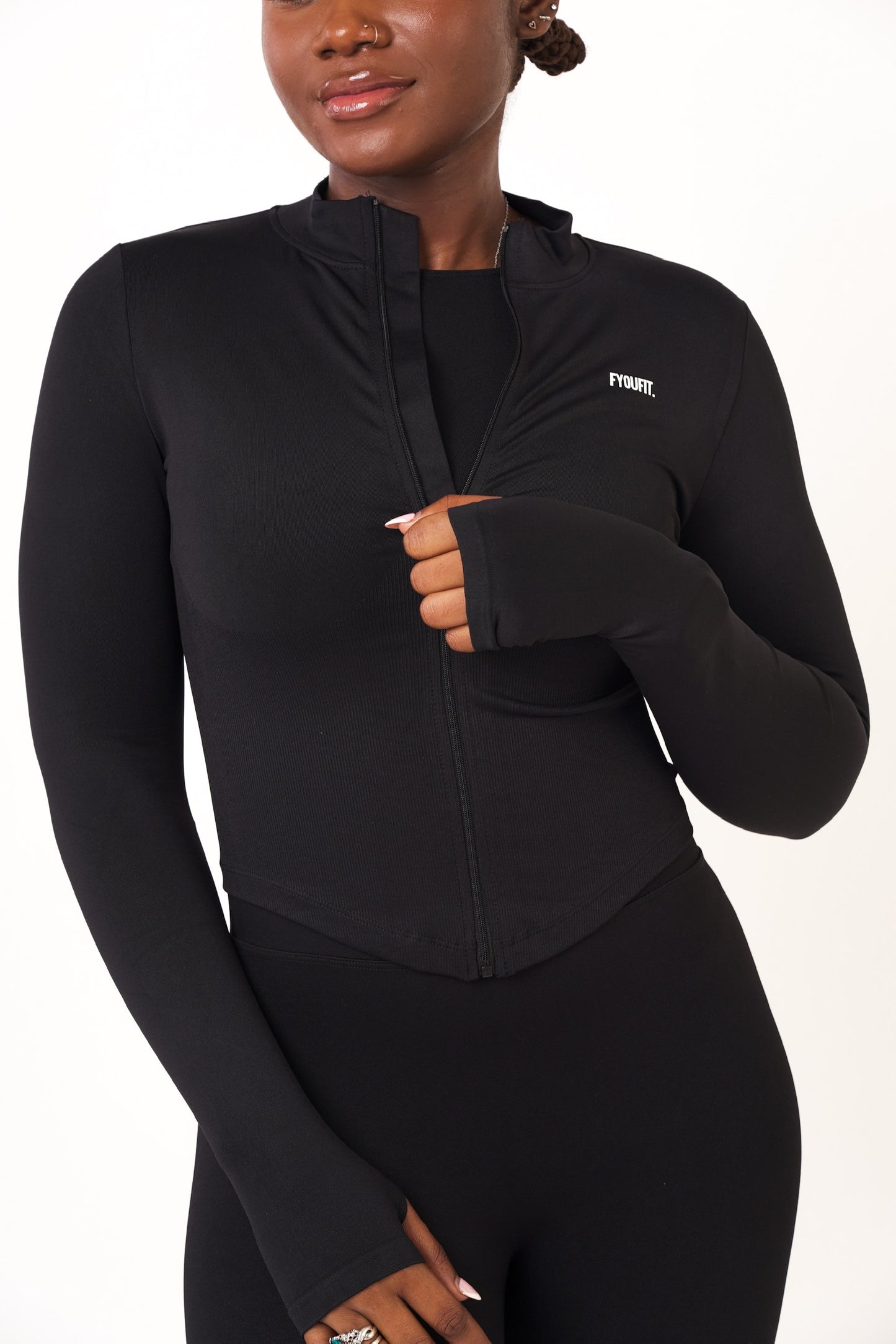 Black Ribbed Zip Up Jacket - Natasha
