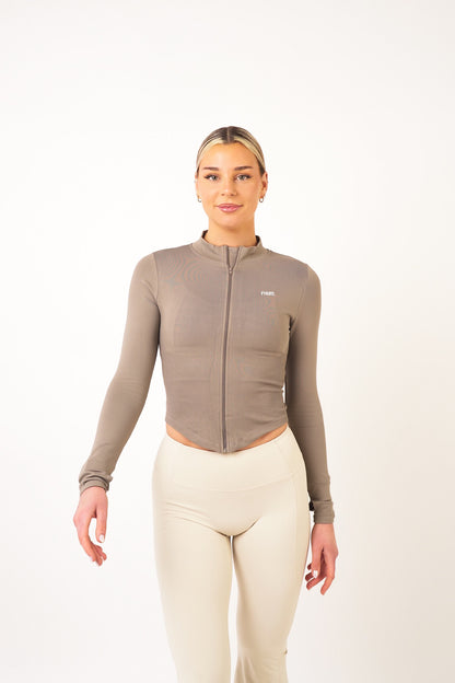 Khaki Ribbed Zip Up Jacket - Natasha