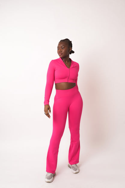 Bright Pink Ribbed Cropped Zip Up Jacket - Ada